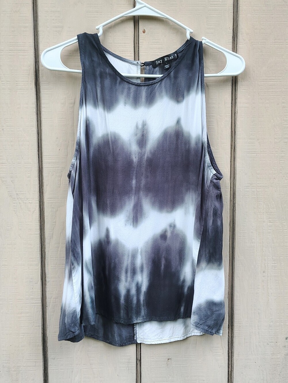Say What? Tie-Dye Tank Top Black White Keyhole Button Closure Minimalist Breezy